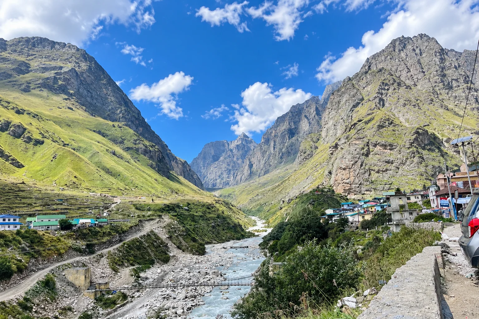 Mountain valley, river and village near Badrinath during Himanshu Rastogi's Himalayan journey